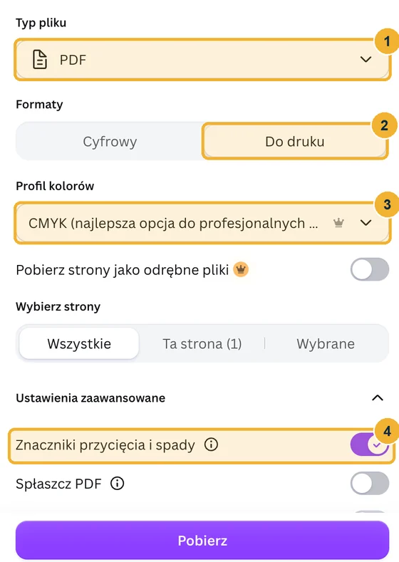 Canva, okno Pobierz: wybierz PDF, Do druku, CMYK i Znaczniki przycięcia i spady