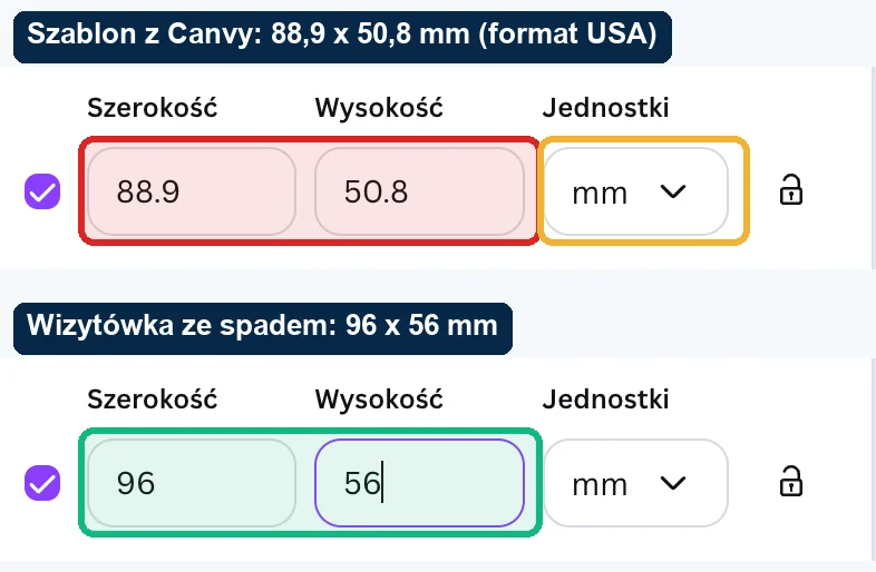 Canva, okno Rozmiar niestandardowy: zmień szablon 88,9 x 50,8 mm na wymiar w mm