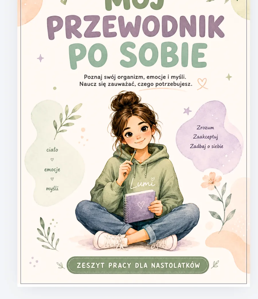 Zeszyt A4 zaprojektowany w Canvie: tło wychodzi za linię spadu
