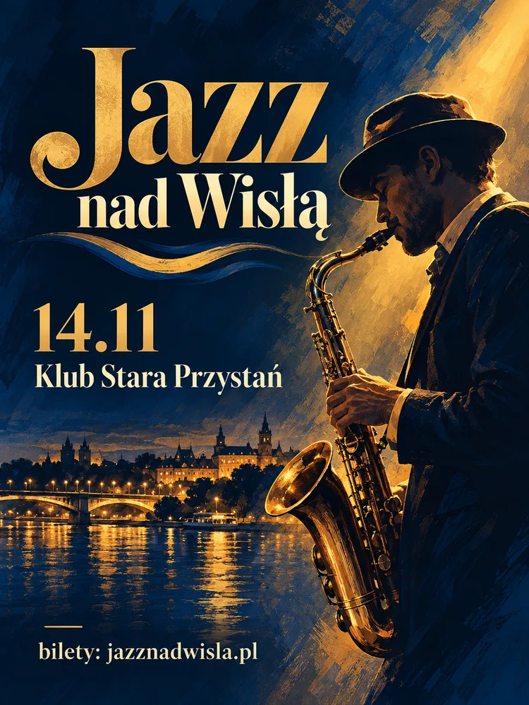 Przykładowy plakat A3 koncertu Jazz nad Wisłą wygenerowany w ChatGPT z polecenia obok