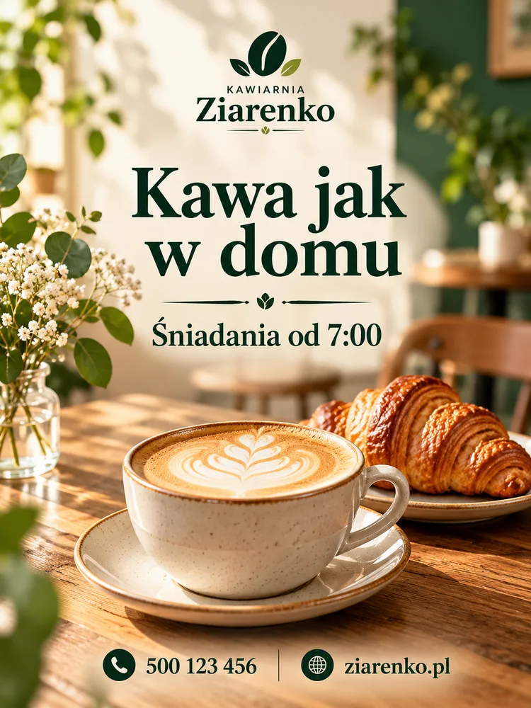 Przykładowa ulotka A5 kawiarni Ziarenko wygenerowana w ChatGPT z polecenia obok