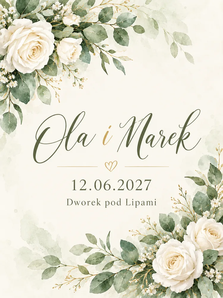 Przykładowe zaproszenie ślubne A6 Oli i Marka wygenerowane w ChatGPT z polecenia obok