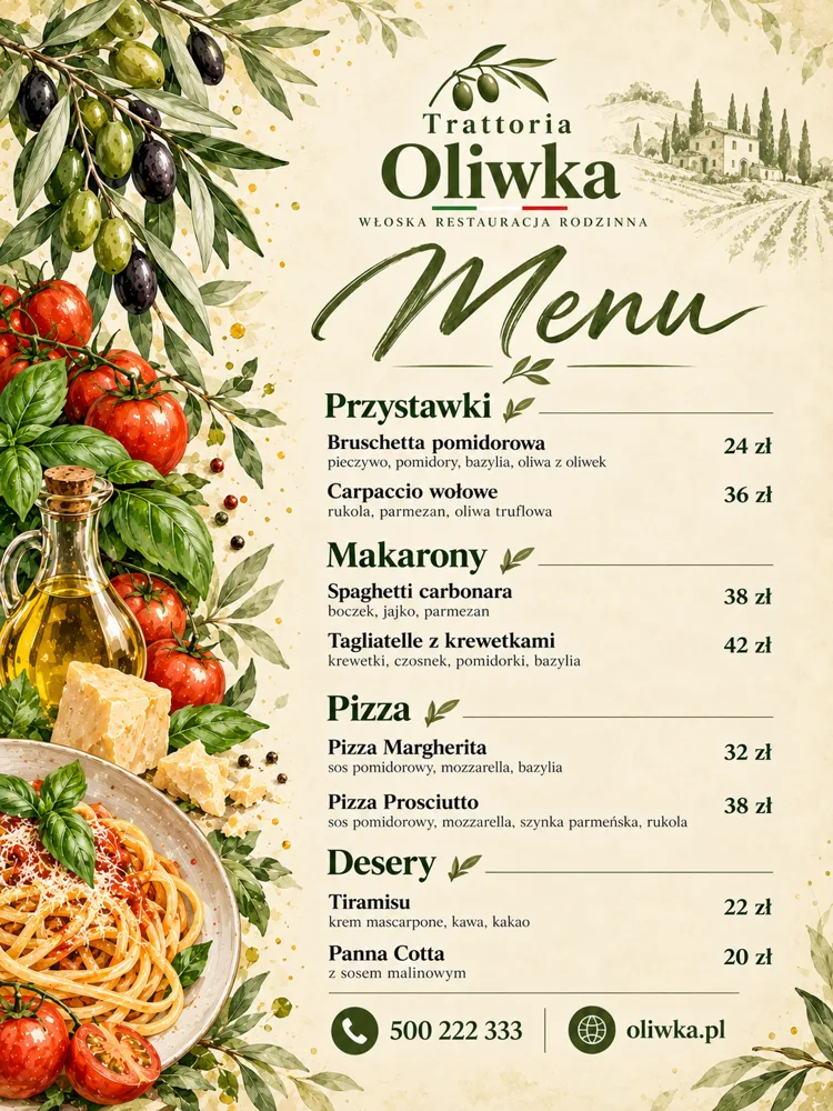 Przed: menu Trattorii Oliwka z napisami ok. 6% od krawędzi, które po przycięciu mogą się otrzeć