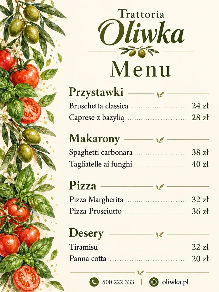 Przykładowe menu A4 restauracji Trattoria Oliwka wygenerowane w ChatGPT z polecenia obok
