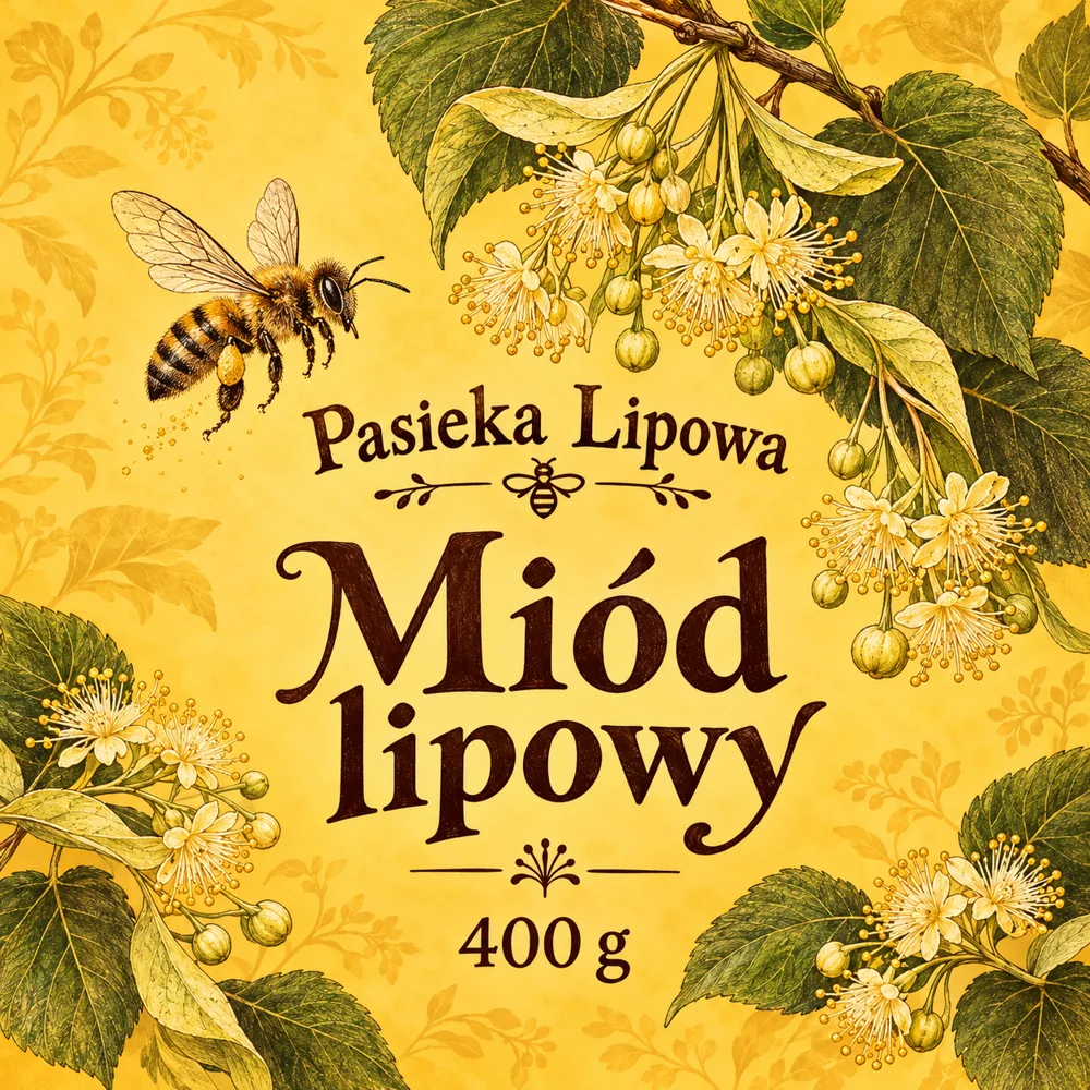 Przykładowa okrągła naklejka na miód Pasieki Lipowej wygenerowana w ChatGPT z polecenia obok: żółte tło z gałązkami lipy do samych rogów, pszczoła i napisy pośrodku, bez obwódki koła