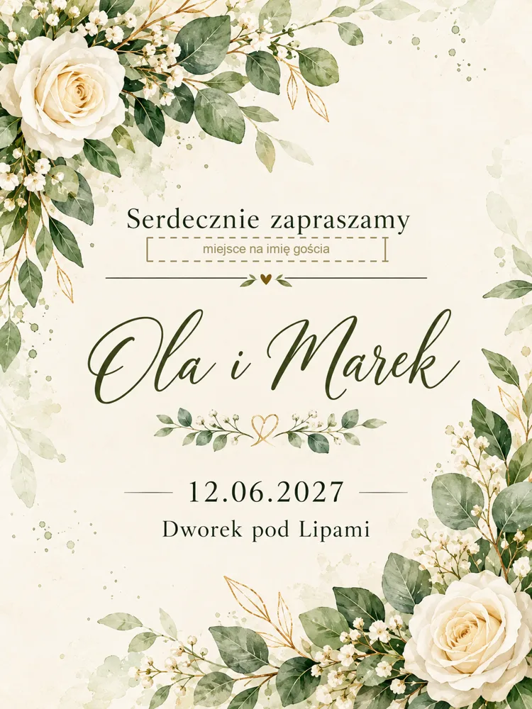 Zaproszenie Oli i Marka przed personalizacją: pod napisem Serdecznie zapraszamy zostawione wolne miejsce na imię gościa