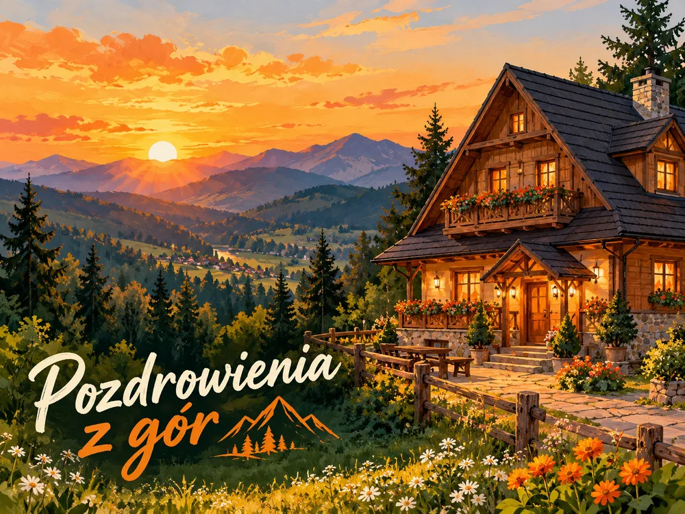 Przykładowa pocztówka A6 Pensjonatu Zielony Dół wygenerowana w ChatGPT z polecenia obok