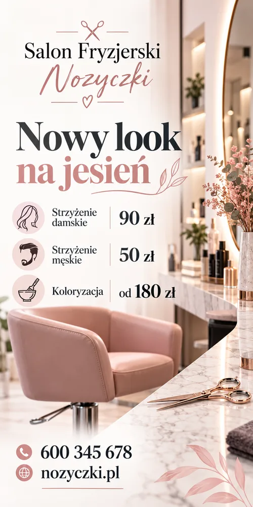 Przykładowa ulotka DL salonu fryzjerskiego Nożyczki z cennikiem, wygenerowana w ChatGPT z polecenia obok