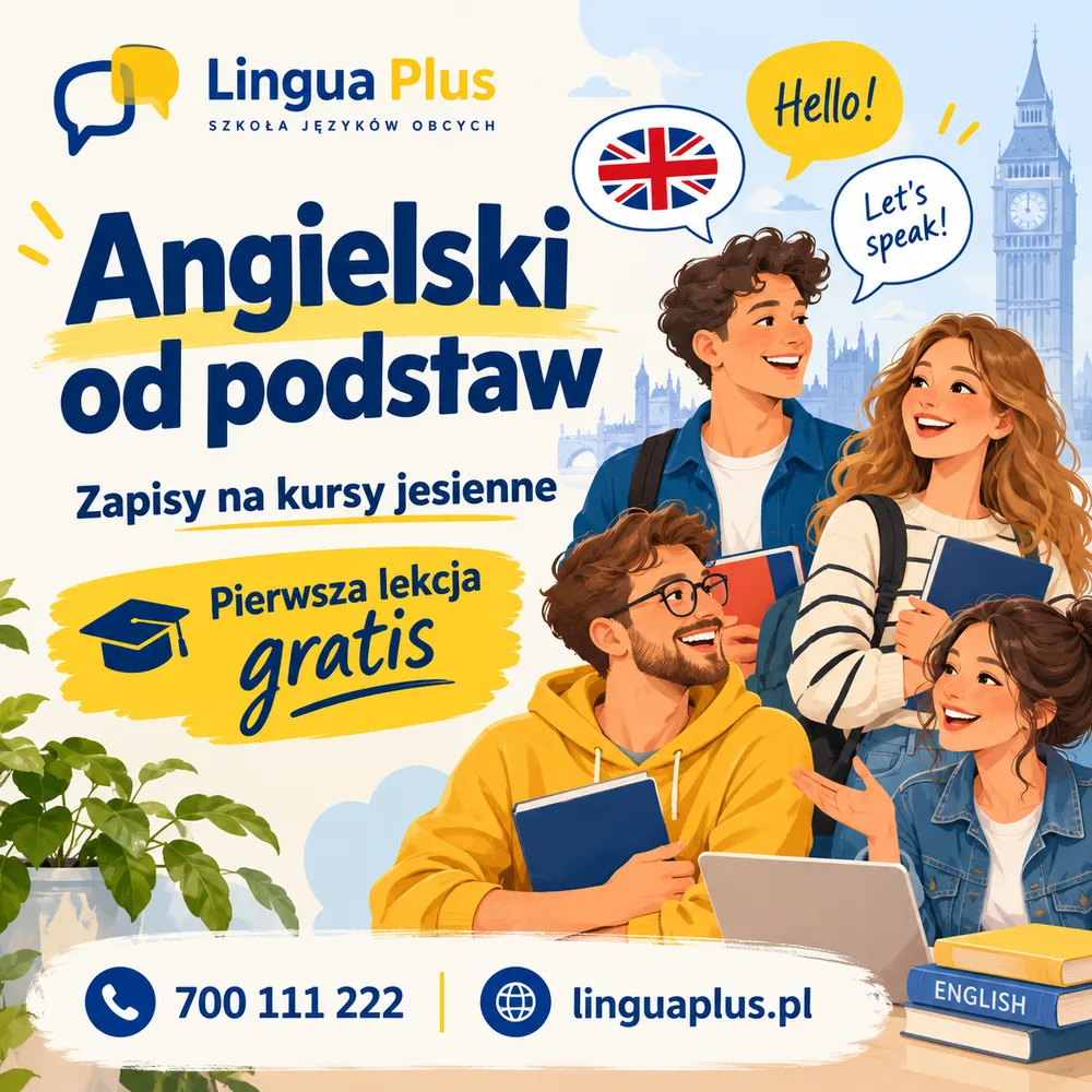 Przykładowa kwadratowa ulotka szkoły językowej Lingua Plus wygenerowana w ChatGPT z polecenia obok