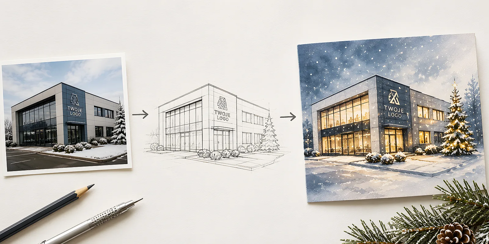 Siedziba firmy zamieniona w zimową, świąteczną ilustrację