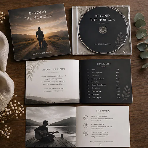 Jak zaprojektować książeczkę do albumu muzycznego z informacjami o utworach i marce?