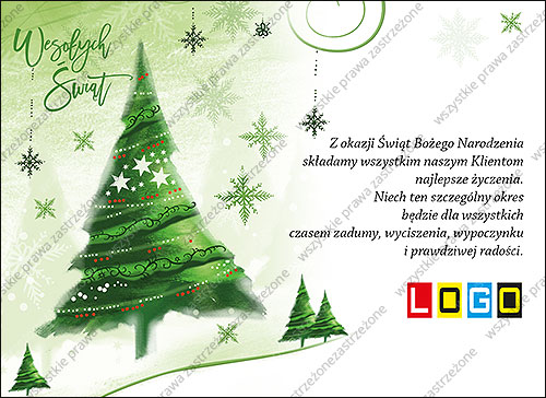 Zielona choinka z wiszącymi śnieżynkami - e-kartka EBN-088