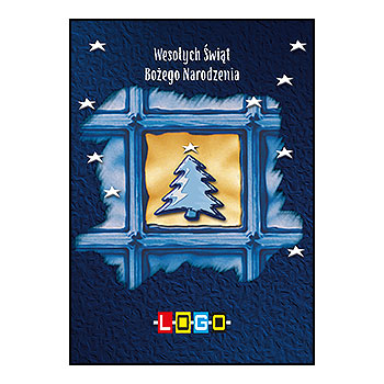 Niebieska choinka w oszronionym oknie