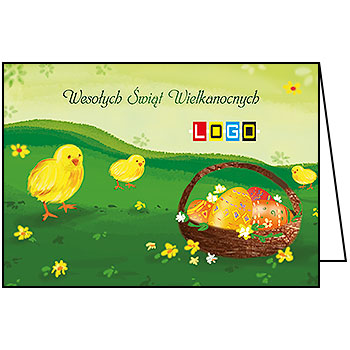 Kurczątka i koszyk pisanek na łące